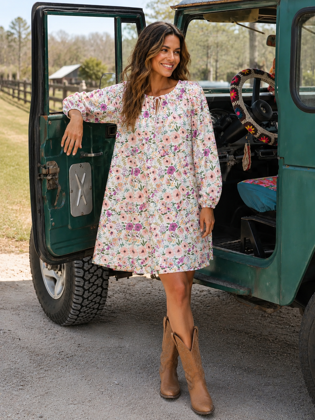 Pink and Purple Wildflower Tie‑Neck Long Sleeve Mini Dress For Women