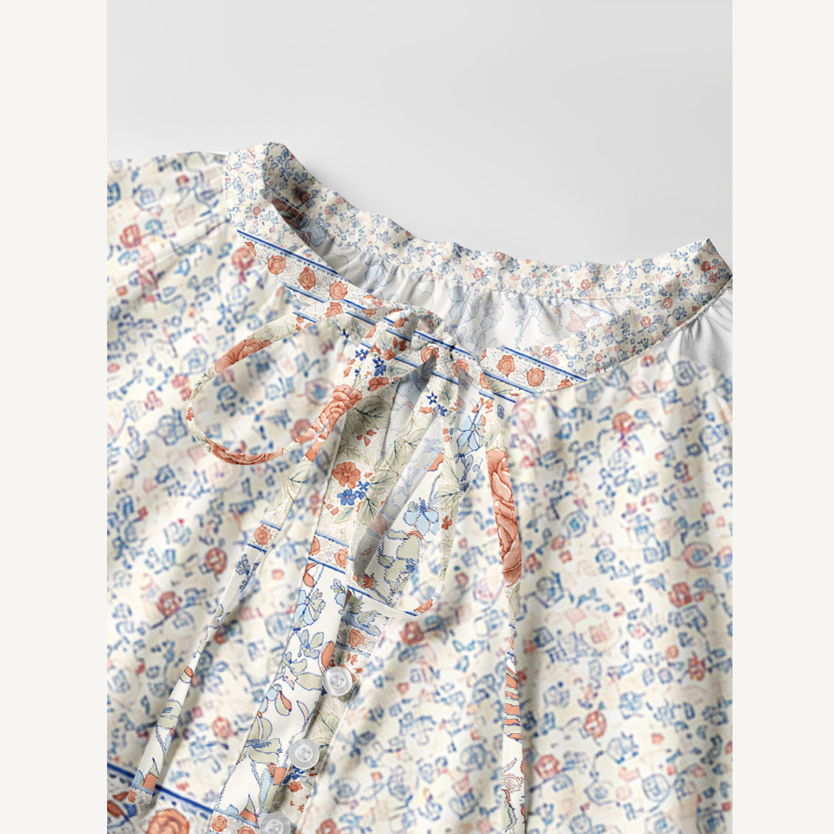 Wildflower & Rose Garden Print Tie‑Neck Long Sleeve Mini Dress