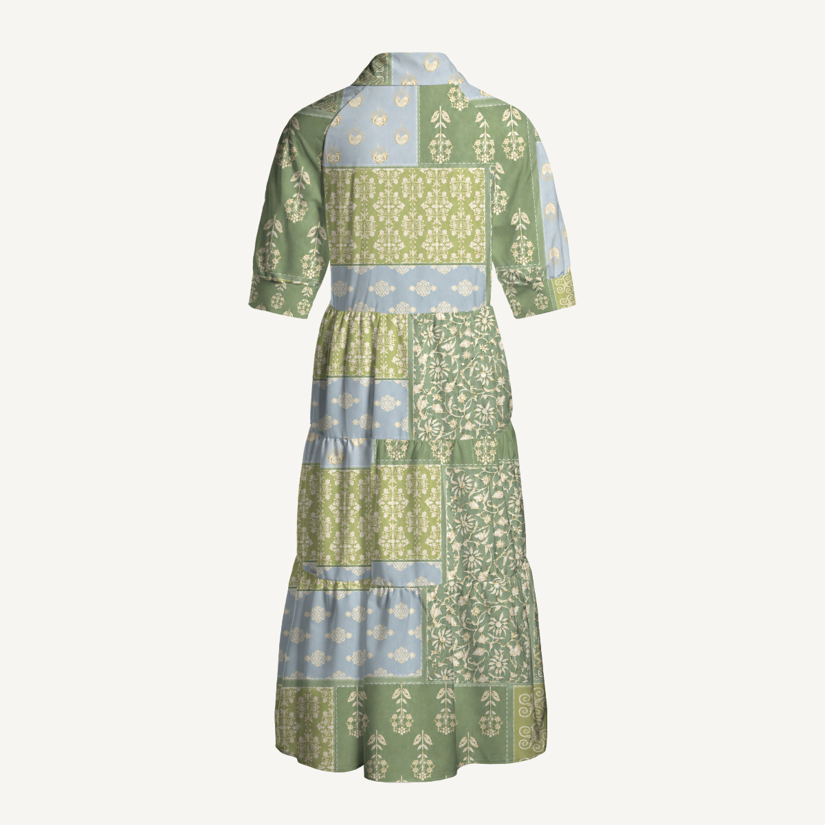 Botanical Geometric Patchwork Elbow-Length Sleeve Womens Midi Dress