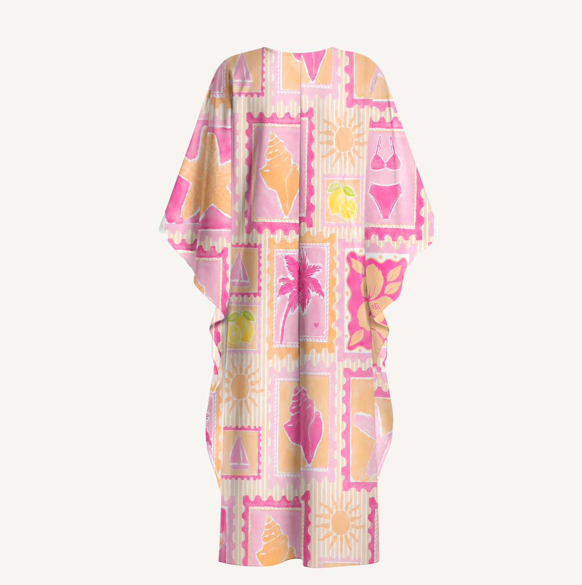 Coral Beach Postcard Print Kimono Sleeve Kaftan Dress