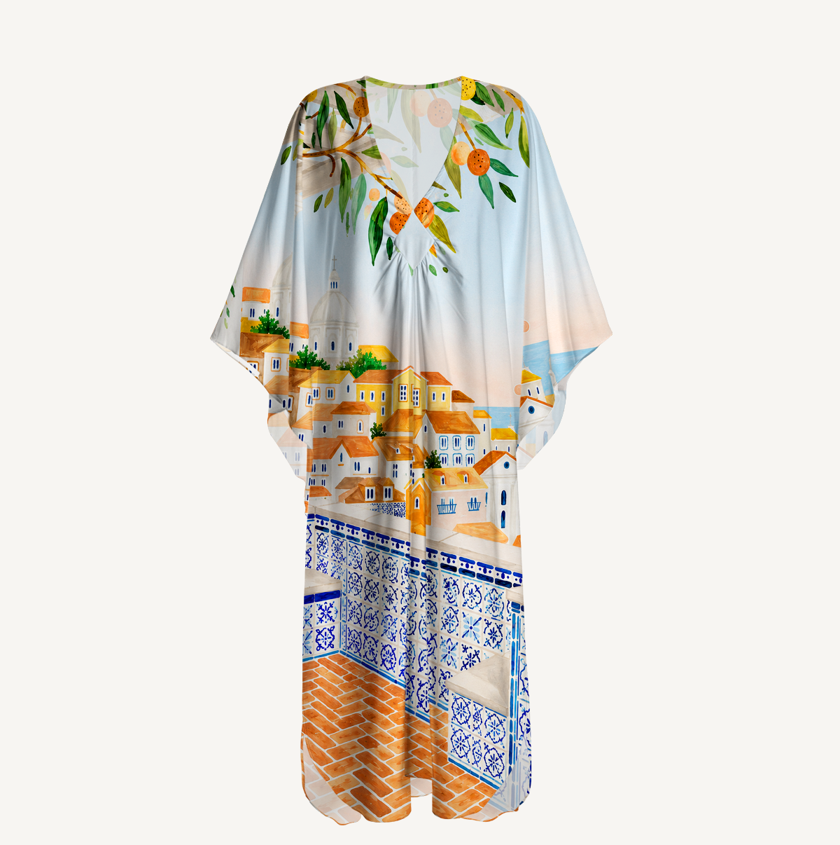 Lisbon Cityscape Kimono Sleeve Kaftan Dress