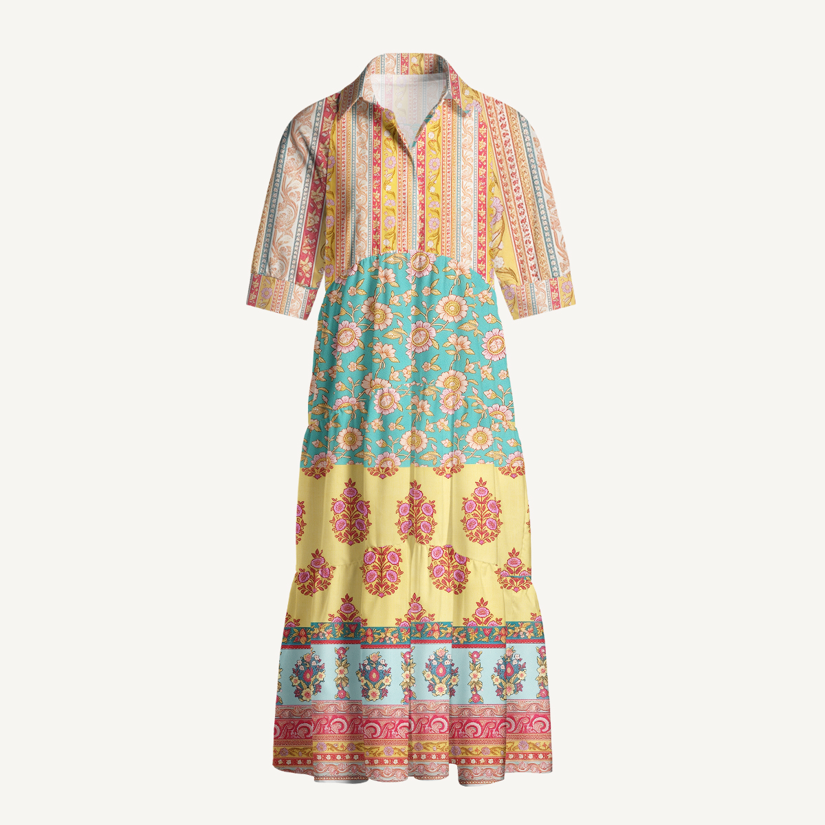 Paisley Inspired Pattern Elbow-Length Sleeve Women Maxi Dress With Pockets