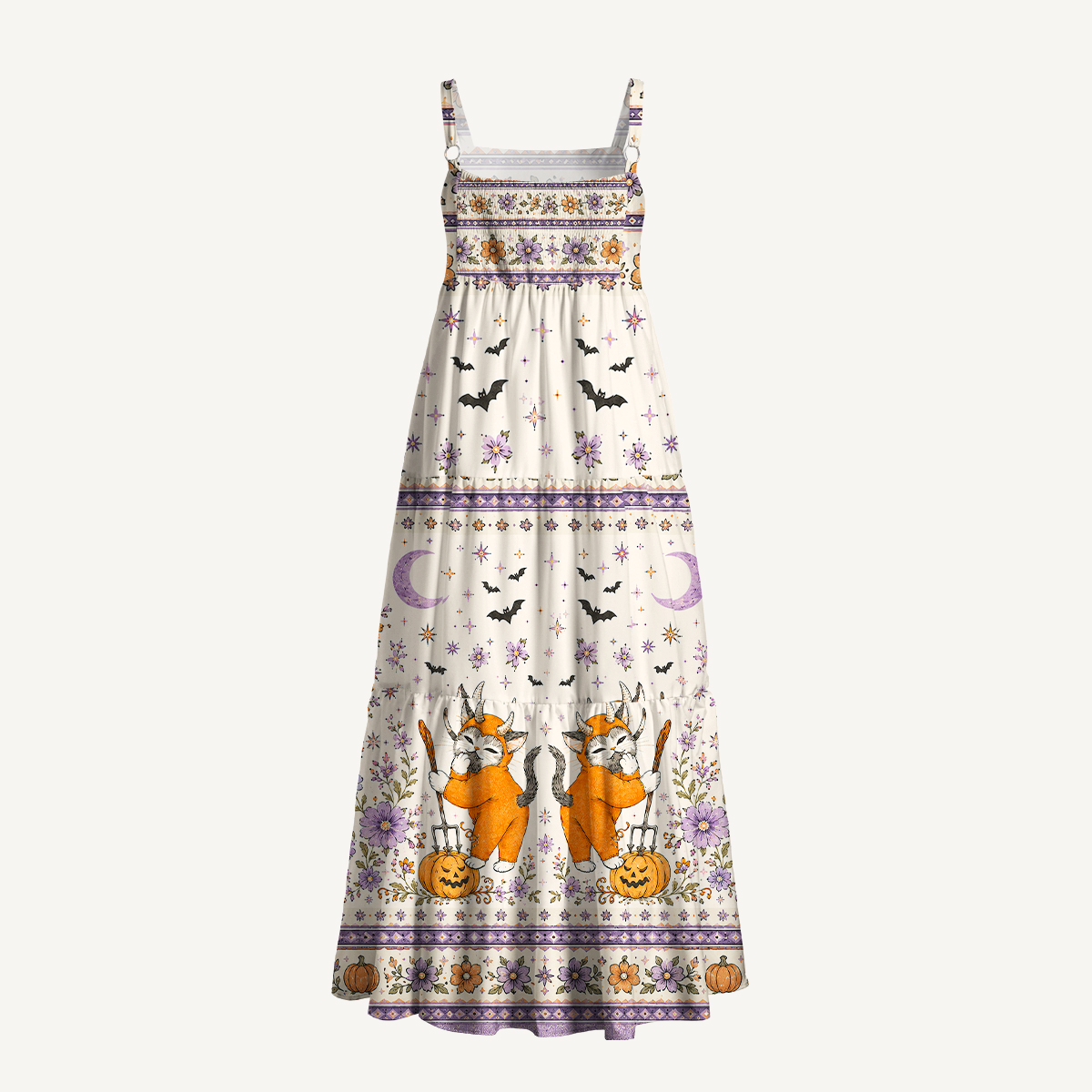 Halloween Cat Pumpkin Moon Floral Strap Maxi Dress With Pockets