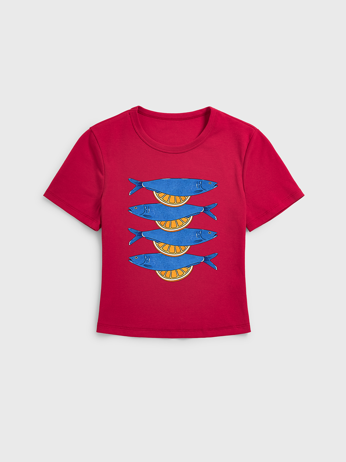 Blue Check Lemon Print Crew Neck Cotton Tee