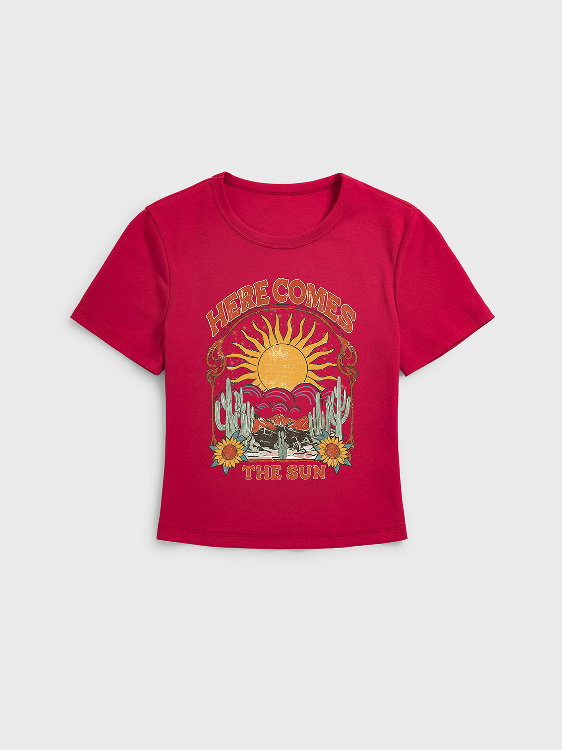 Western Sun & Cact Print Crew Neck Cotton Tee