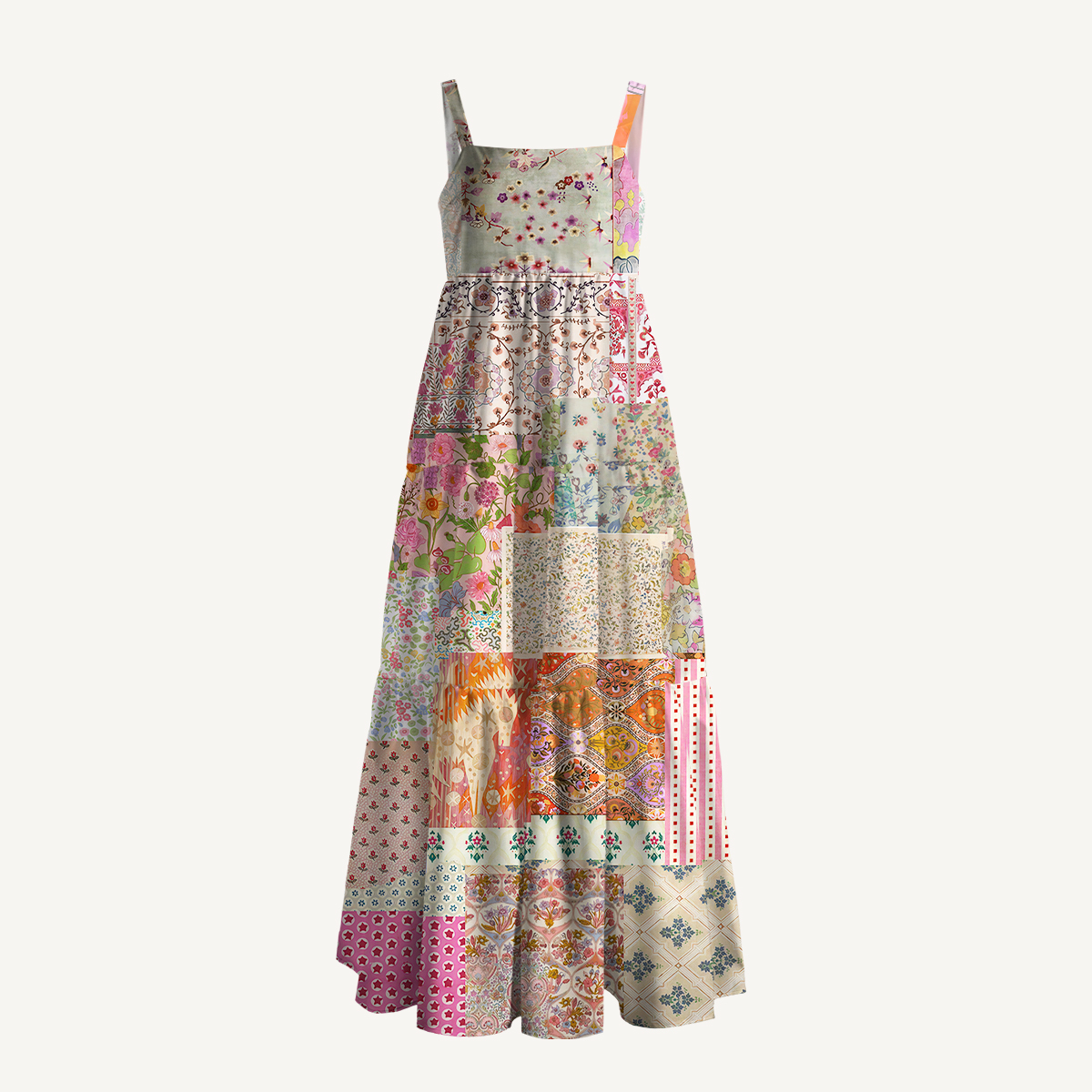 Vintage Rose Patchwork Floral Boho Strap Maxi Dress With Pockets