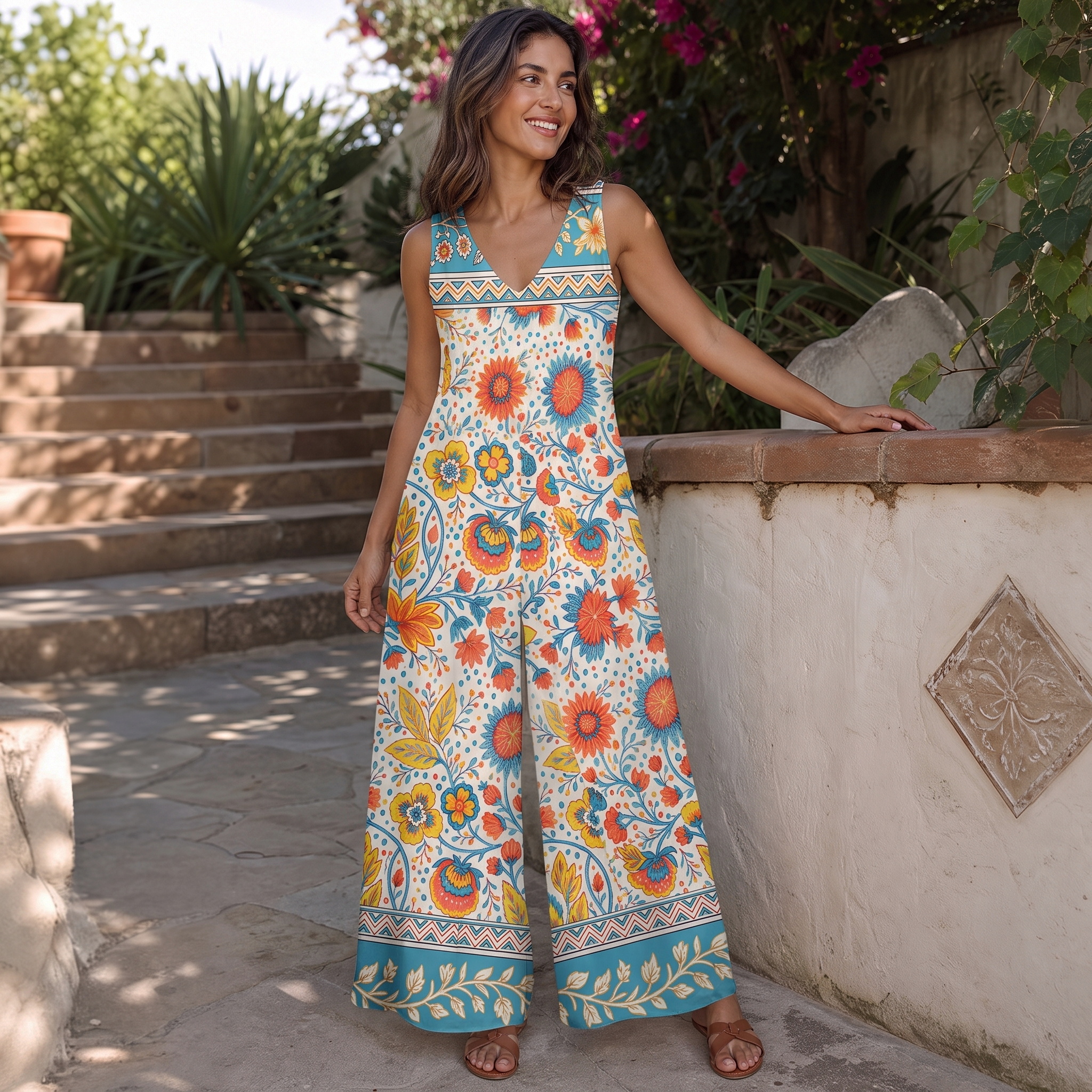 Moroccan Garden Pattern Womens Jumpsuit With Pockets