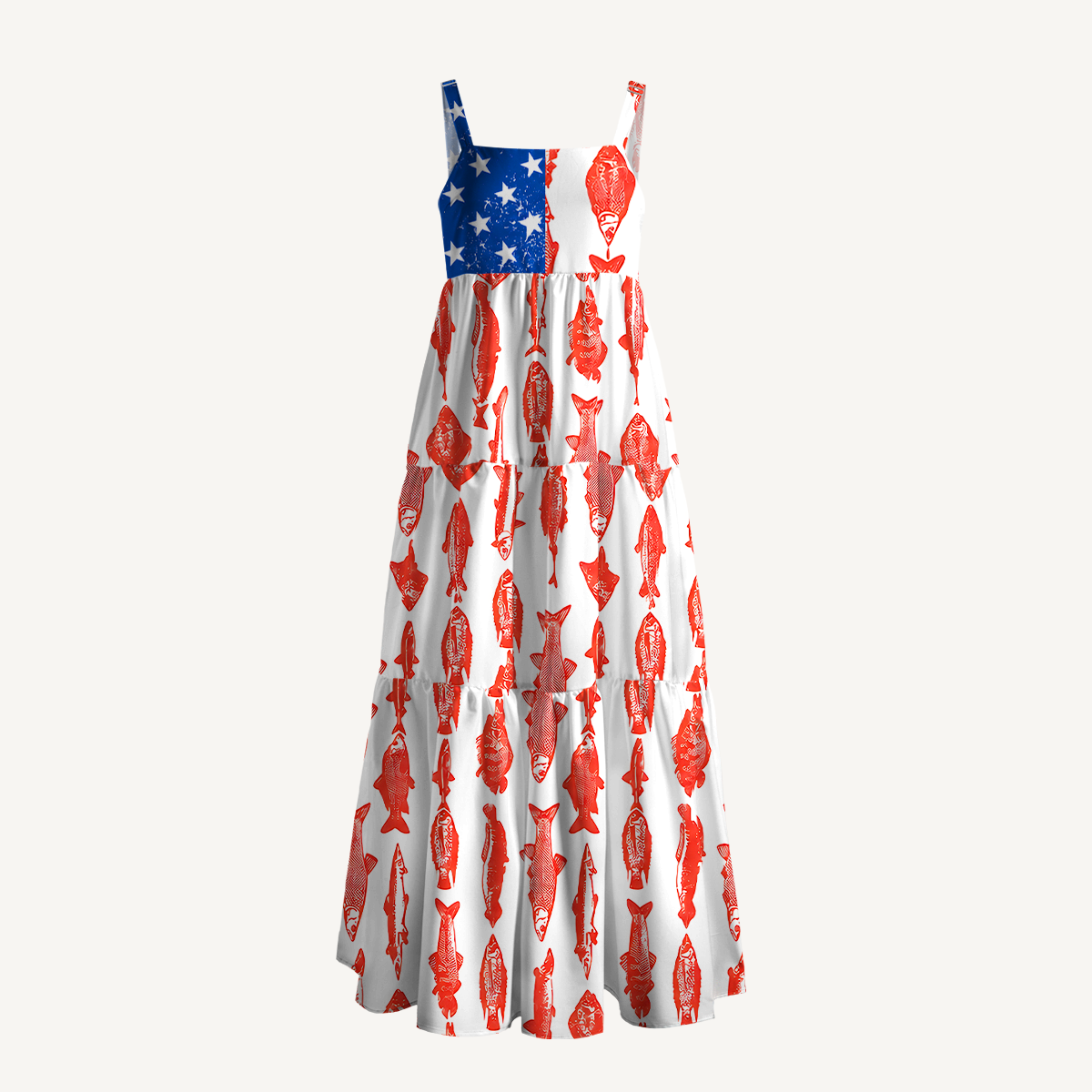 American Flag Fish Pattern Maxi Dress With Pockets