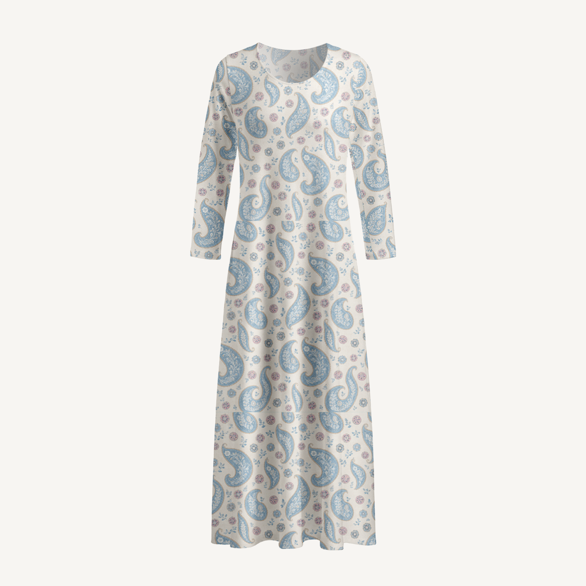 Sky Blue Paisley Bloom Print Soft-Touch Stretch Knit Long Sleeve Maxi Dress with Pockets