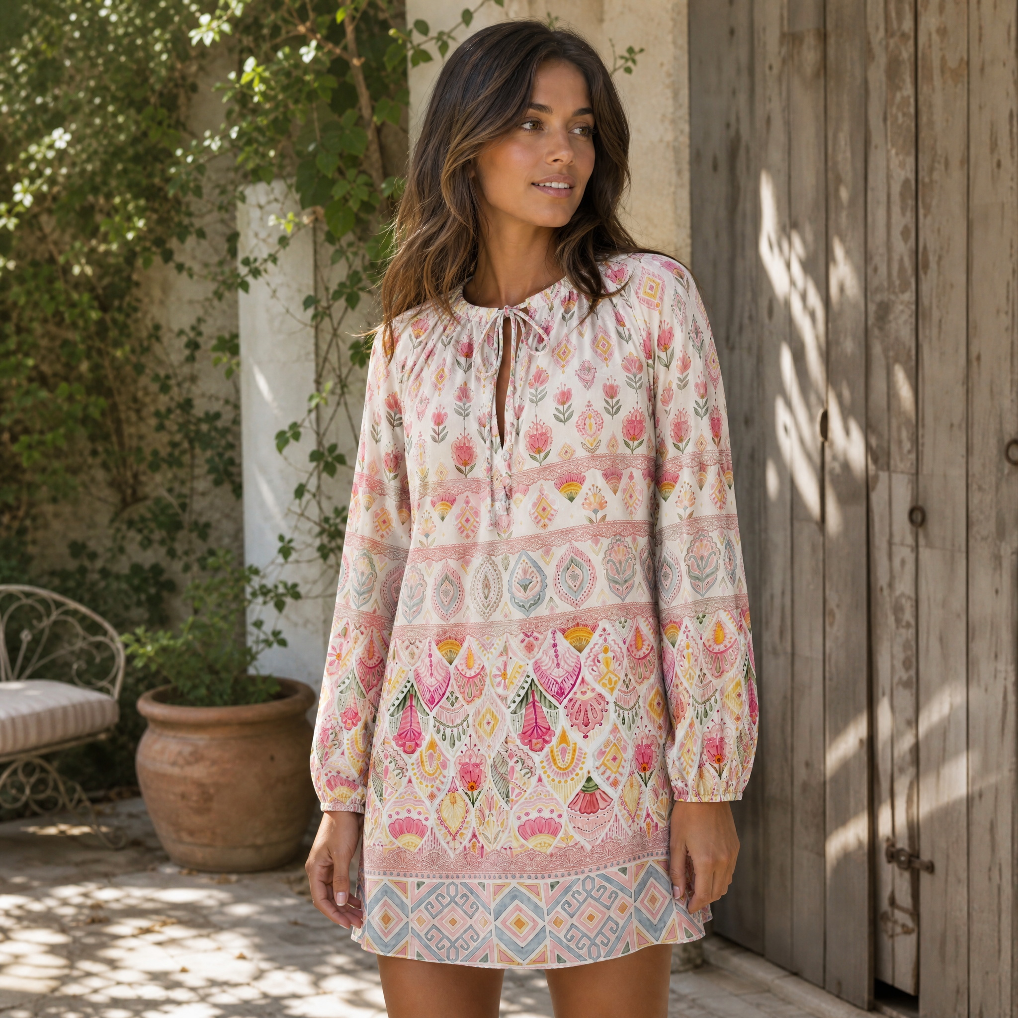 Pastel Boho Floral Layers Boho Long Sleeve Mini Dress