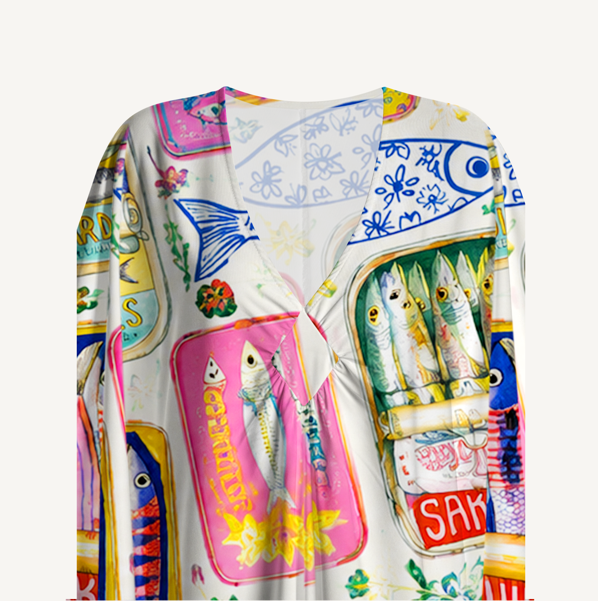 Sardines Stamp Kimono Sleeve Kaftan Dress