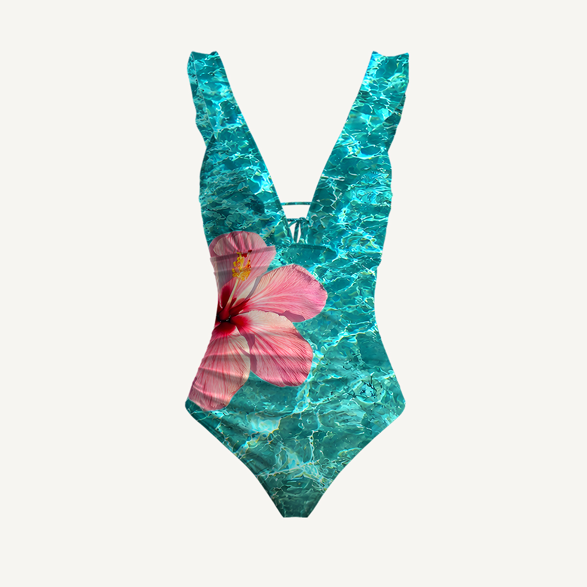 Hibiscus On The Sea Print Ruffled V Neck One Piece Swimsuit and Matching Midi Skirt Set