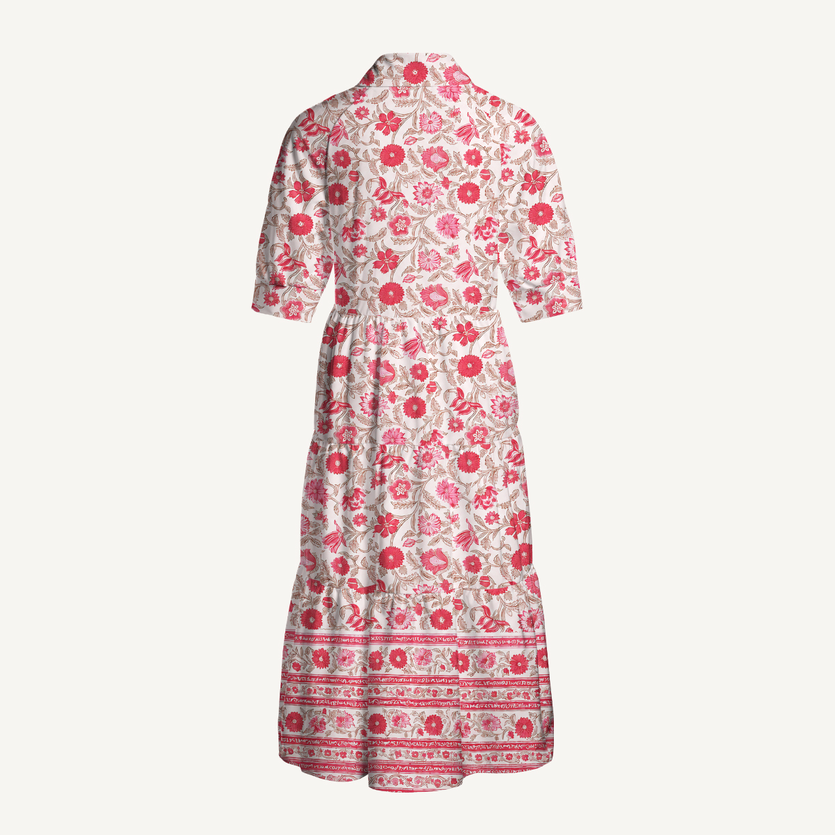 Vintage Crimson Garden Floral Elbow-Length Sleeve Midi Dress With Pockets