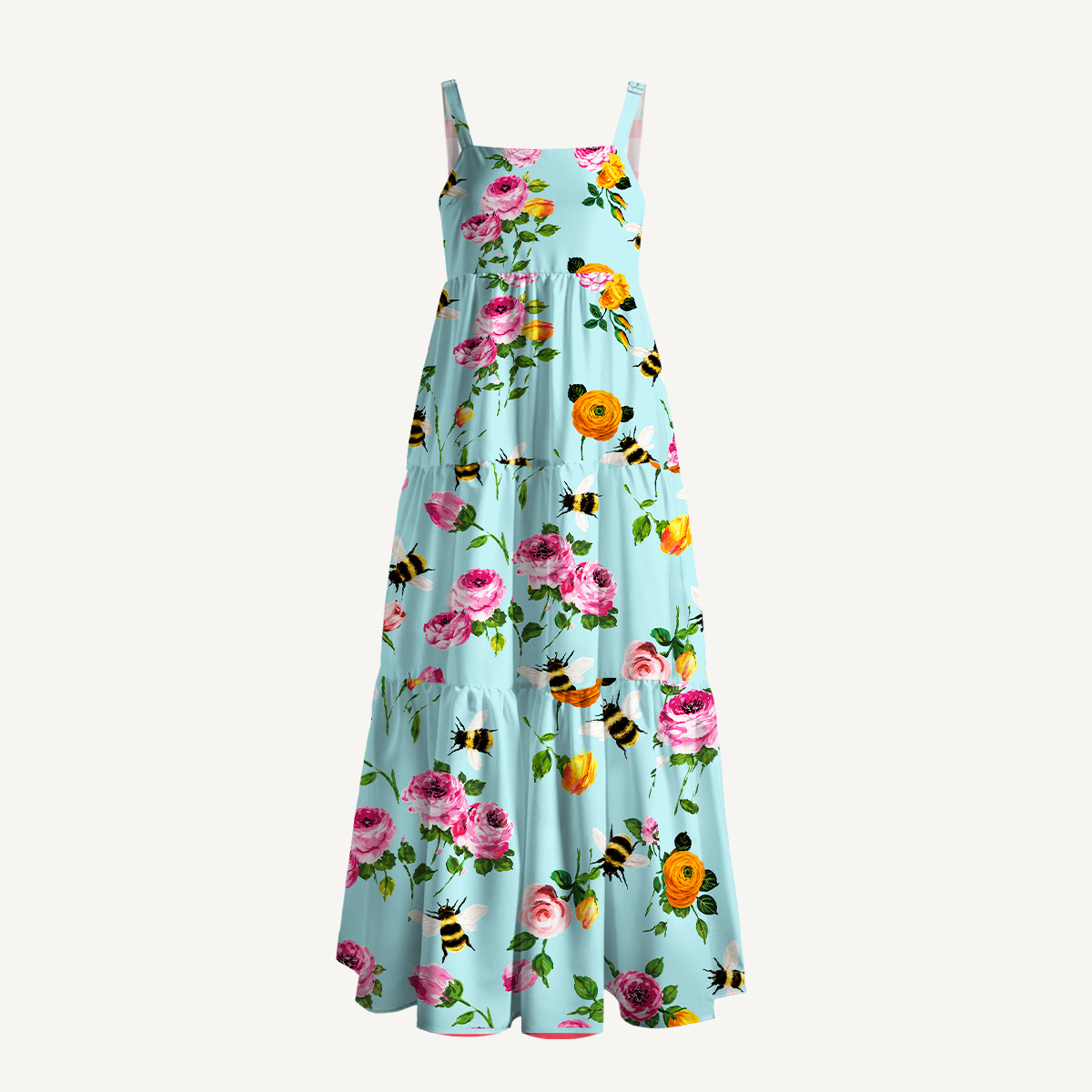 Pink Rose & Bumblebee Garden Print Strap Maxi Dress With Pockets