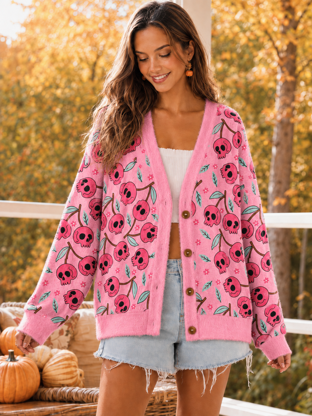 Pink Skull Blossom Halloween Ugly Cardigan Sweaters