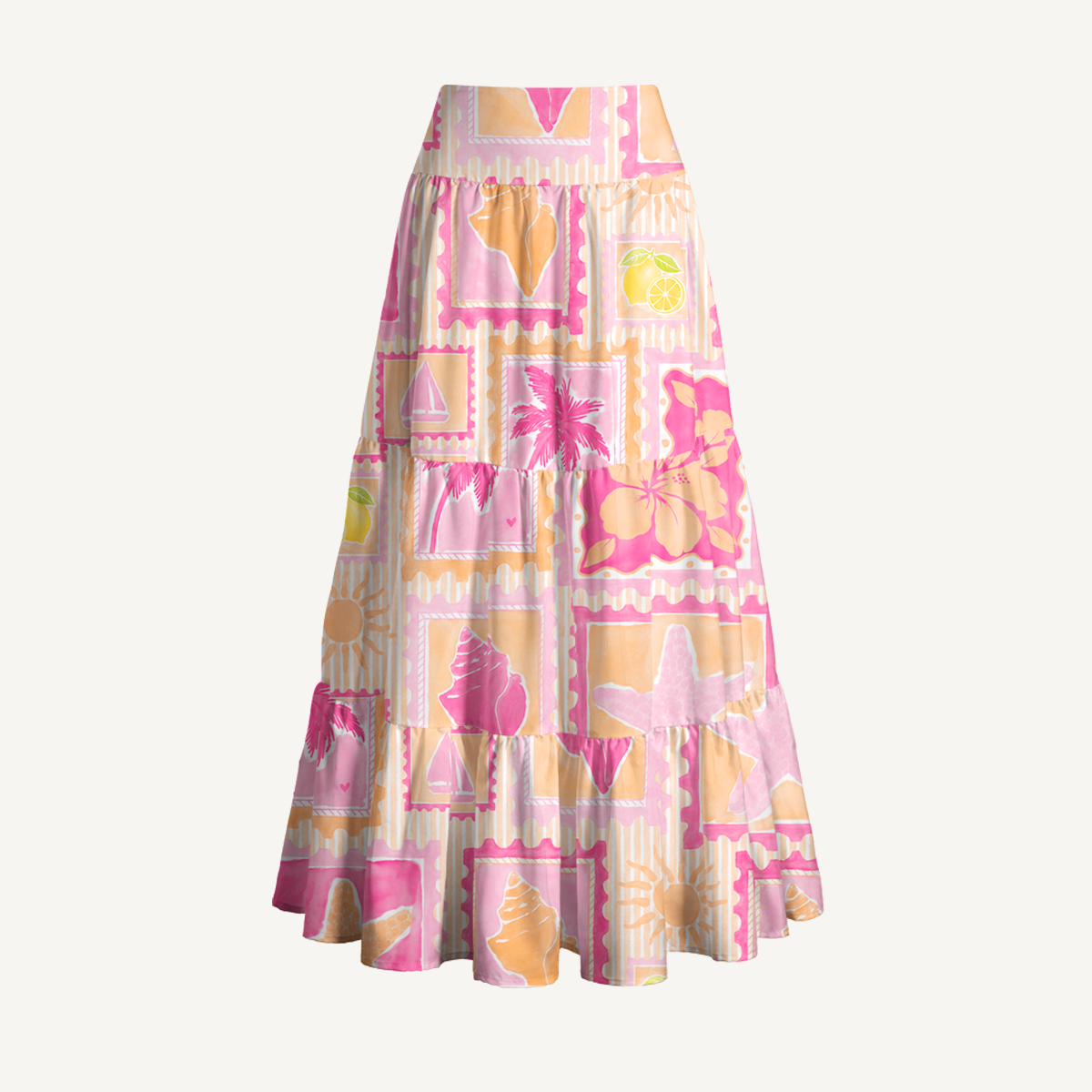 Coral Beach Postcard Print Maxi Skirt & Strapless Dress  