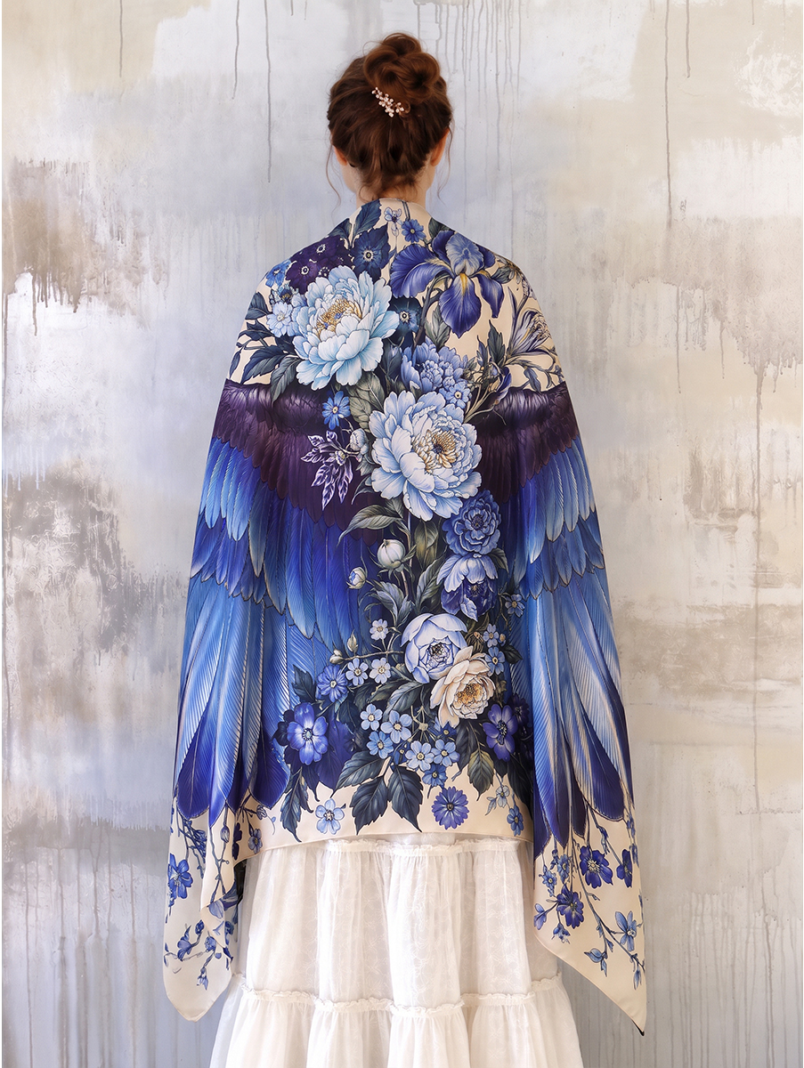 Romantic Blue Floral Wing Shawl