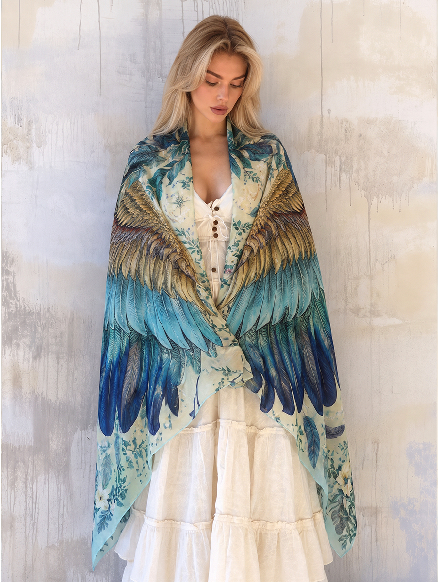 Bohemian Teal Feather Wing Shawl