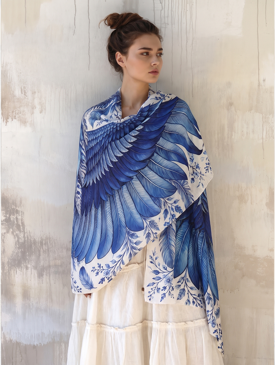 Vintage Blue Floral Feather Wing Shawl