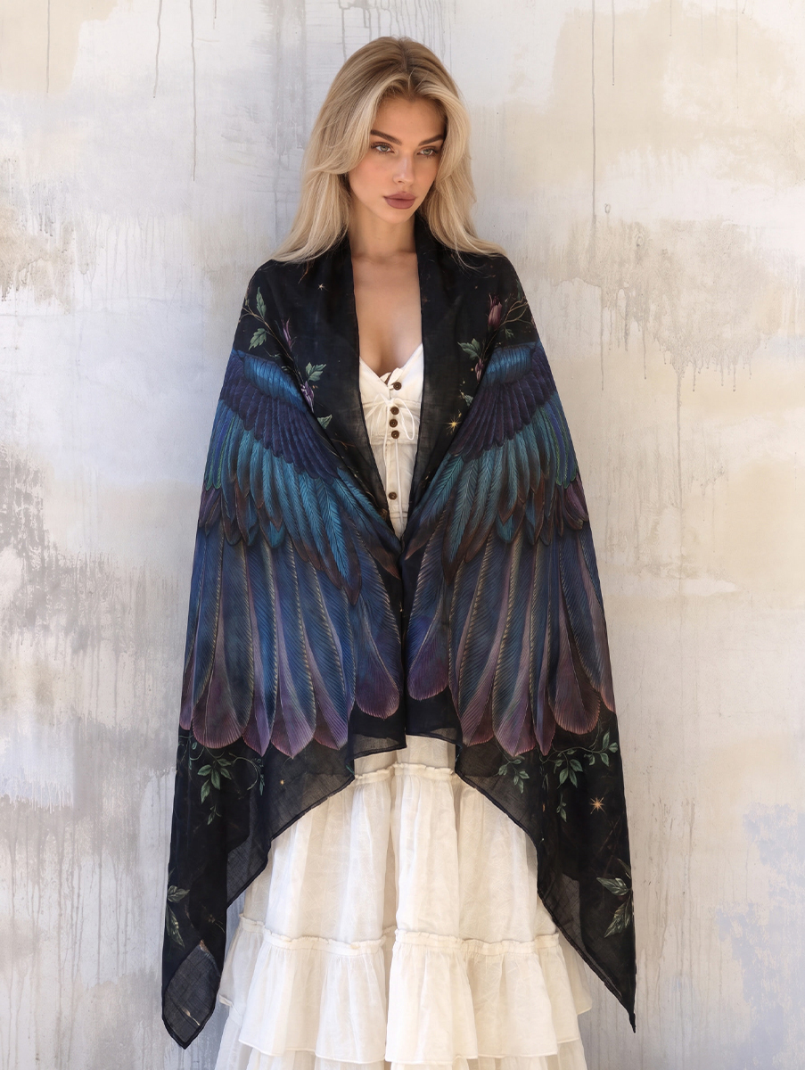 Gothic Floral Blue Feather Wings Shawl