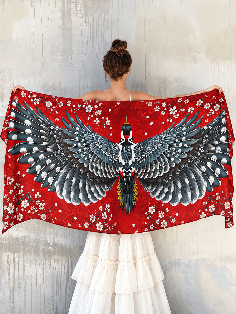 Red Blossom Feathered Bird Shawl
