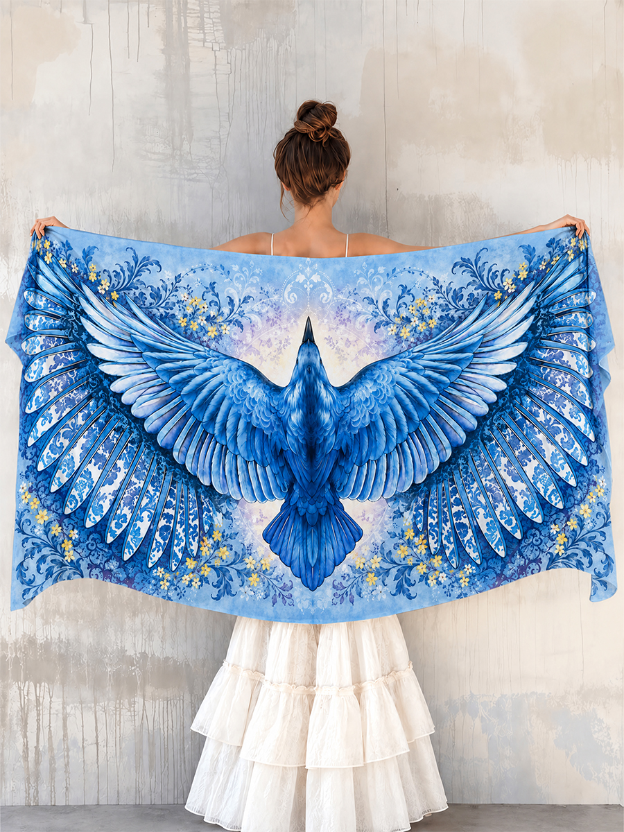 Azure Raven Garden Bird Wing Shawl