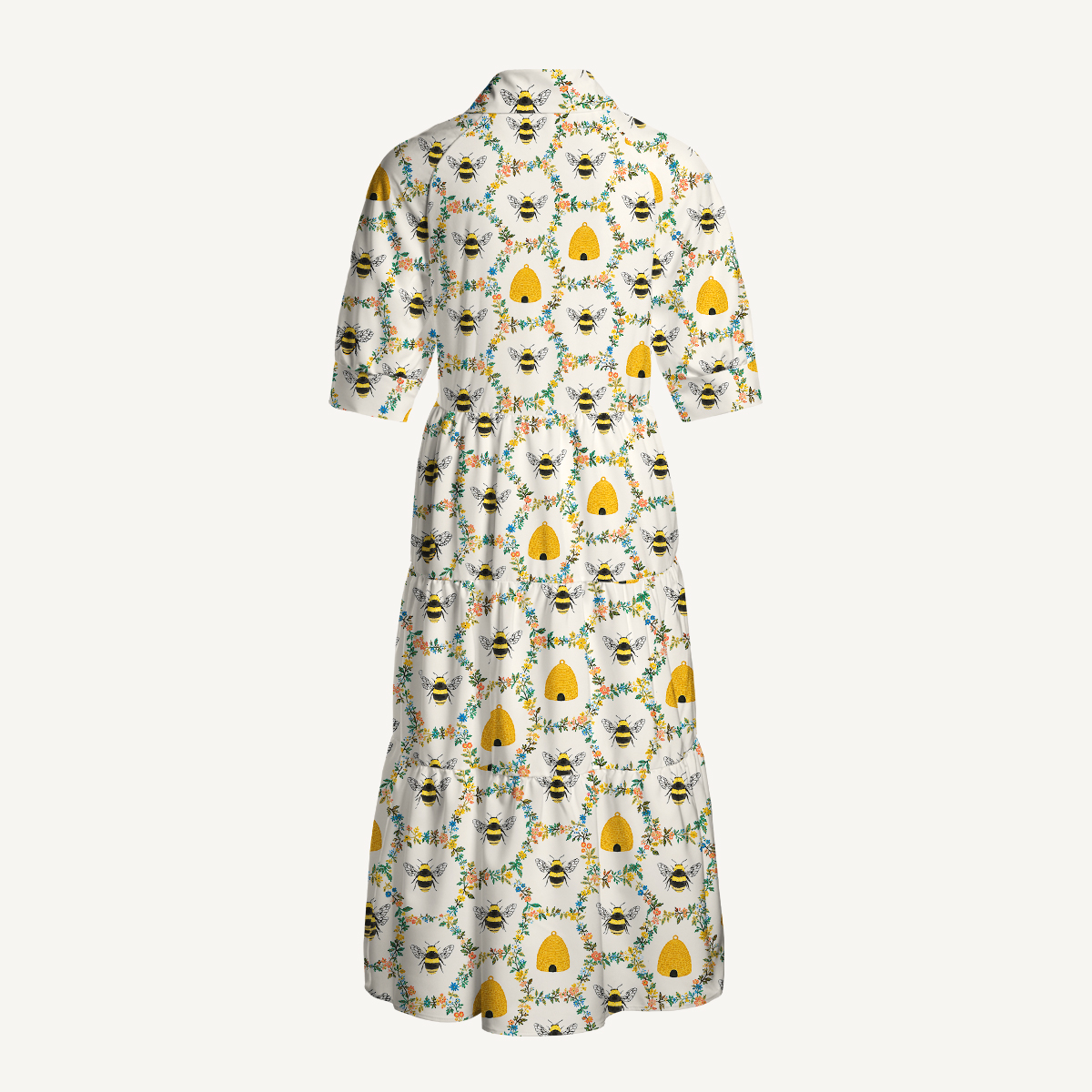 Bumblebee & Beehive Floral Garden Elbow-Length Sleeve Midi Dress