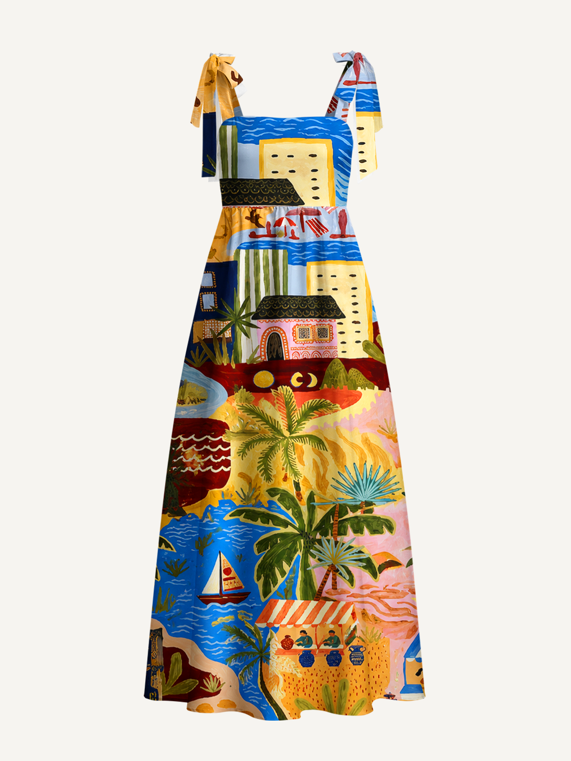 Desert Oasis Town Map Bow Strap Maxi Dress