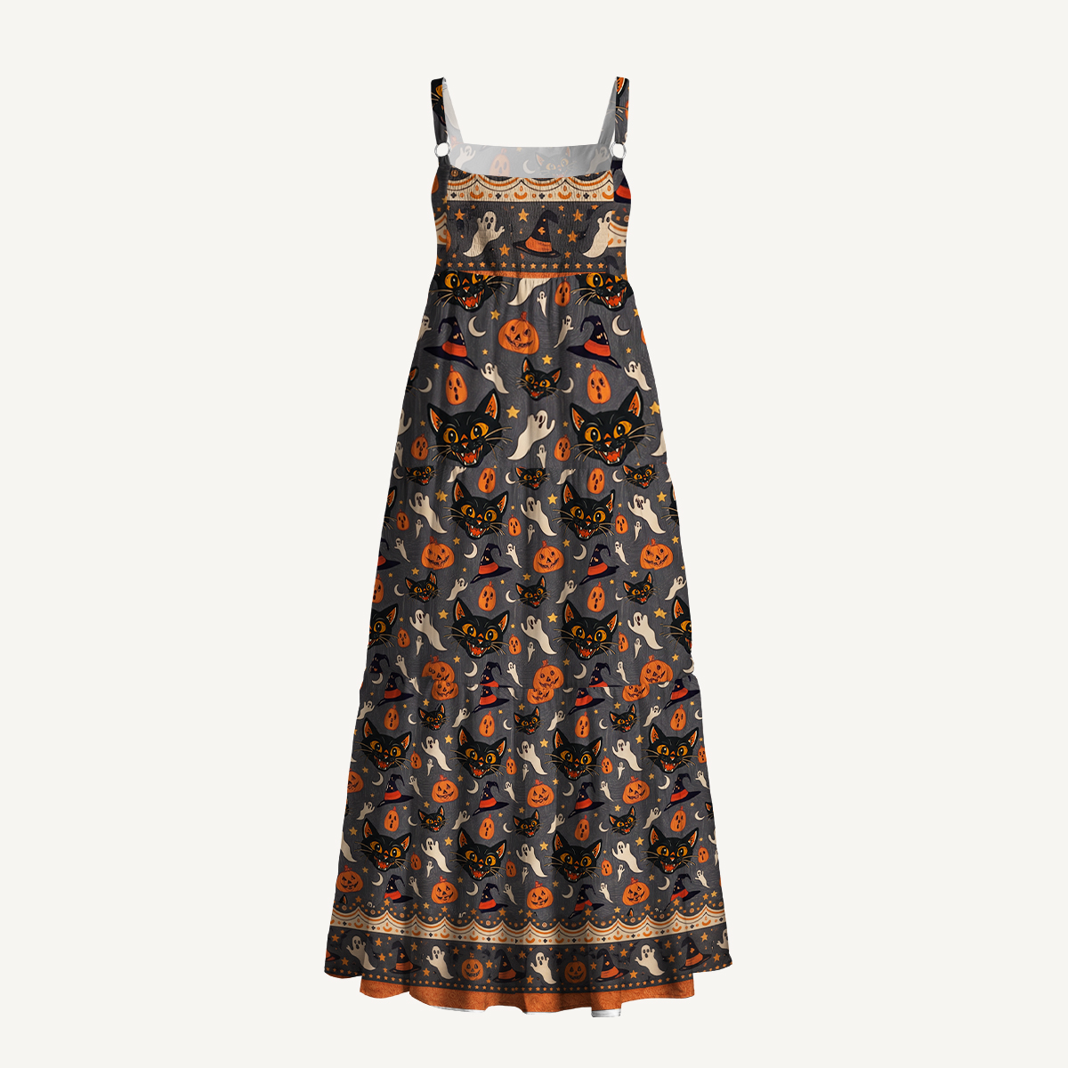 Halloween Black Cat Ghost Pumpkin Strap Maxi Dress With Pockets