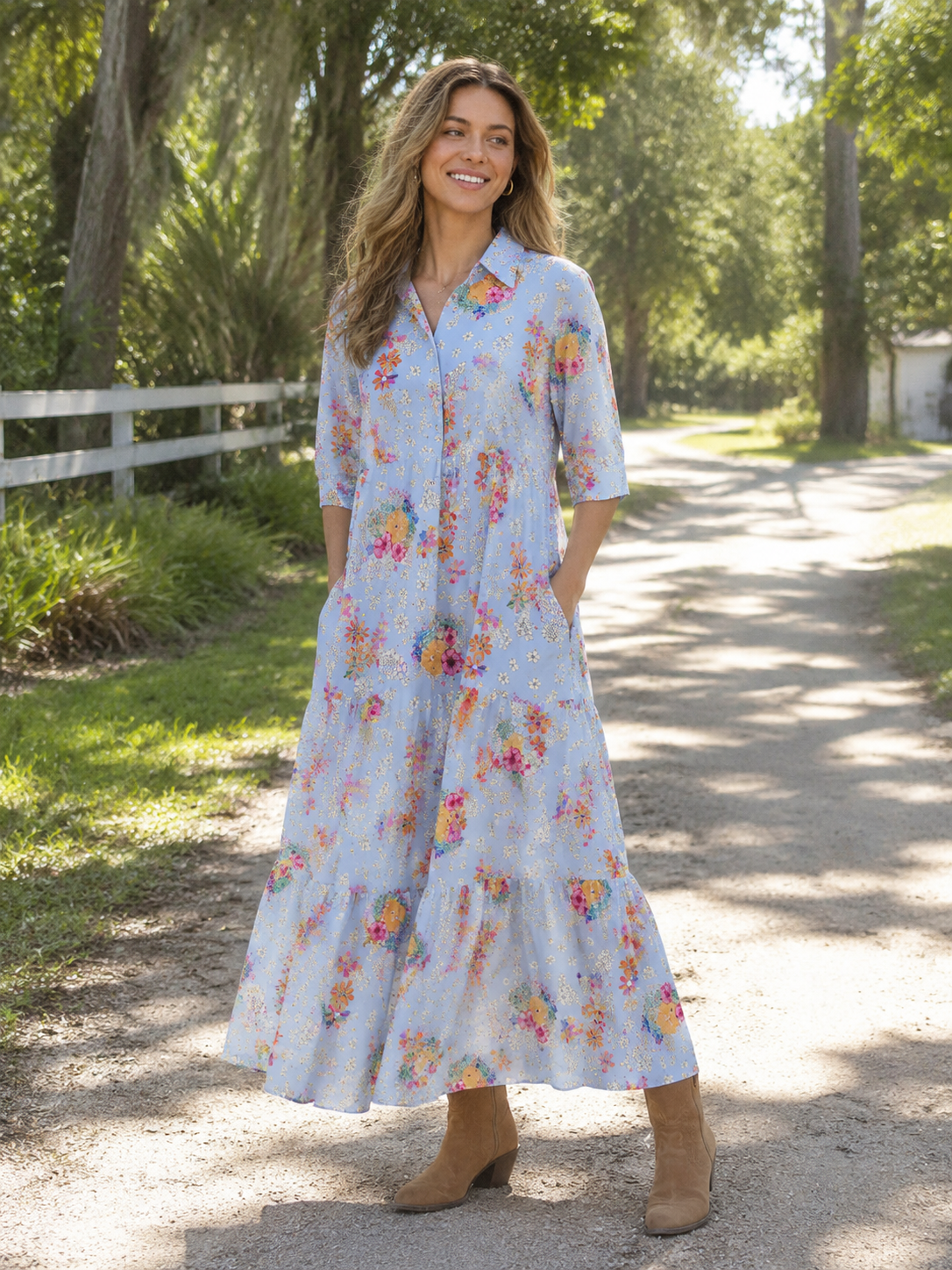 Sky Garden Blossoms Print Midi Dress For Women With Pockets