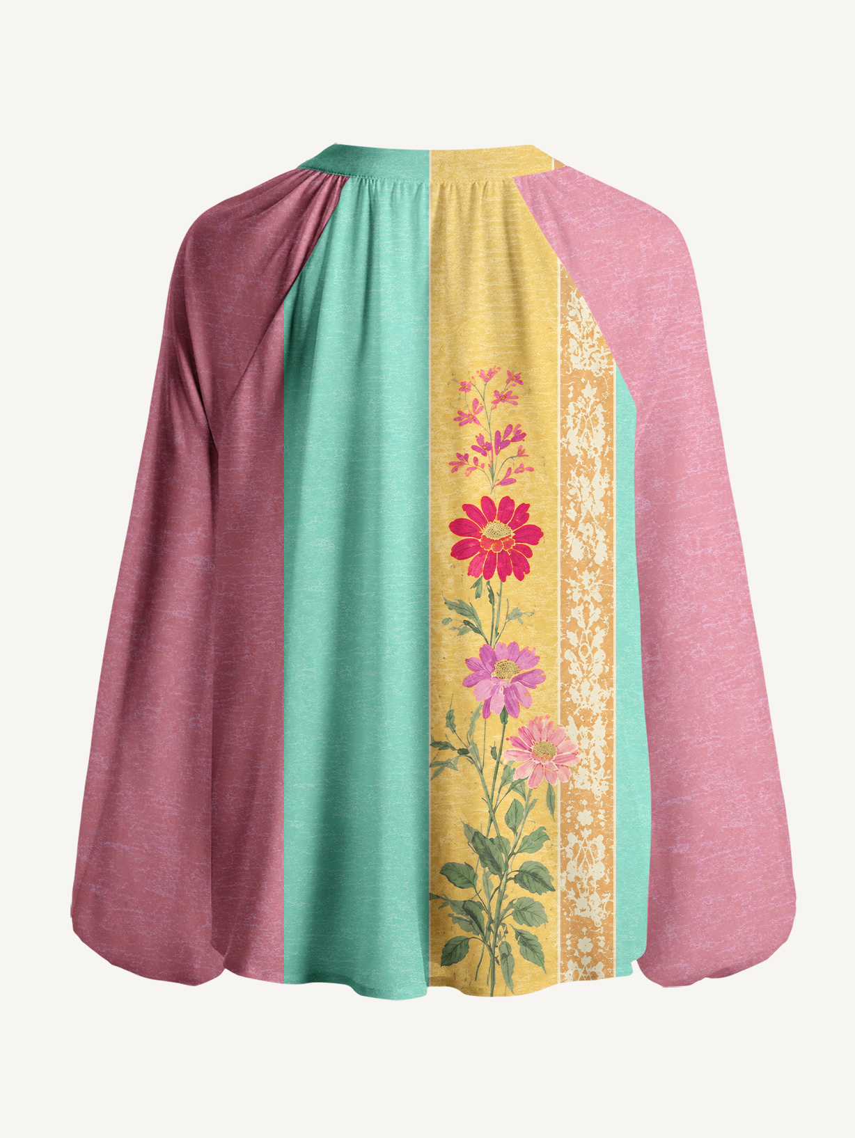 Sunset Stripe Florals Boho Long Sleeve Tie‑Neck Blouse