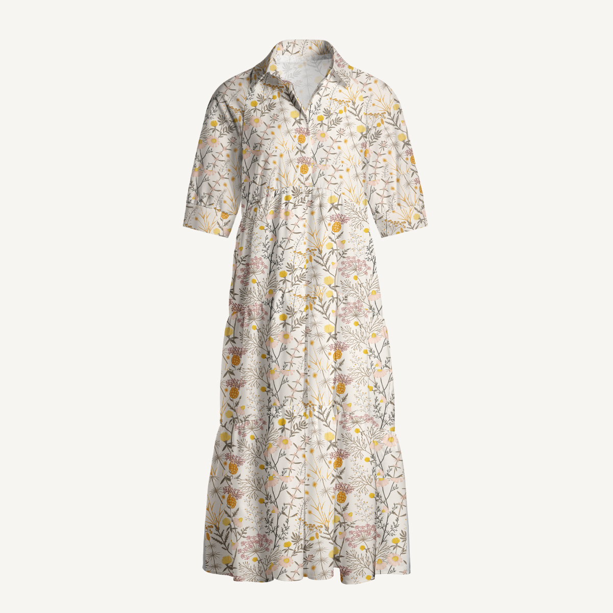 Yellow Wildflower Meadow Print Elbow-Length Sleeve Women Maxi Dress With Pockets
