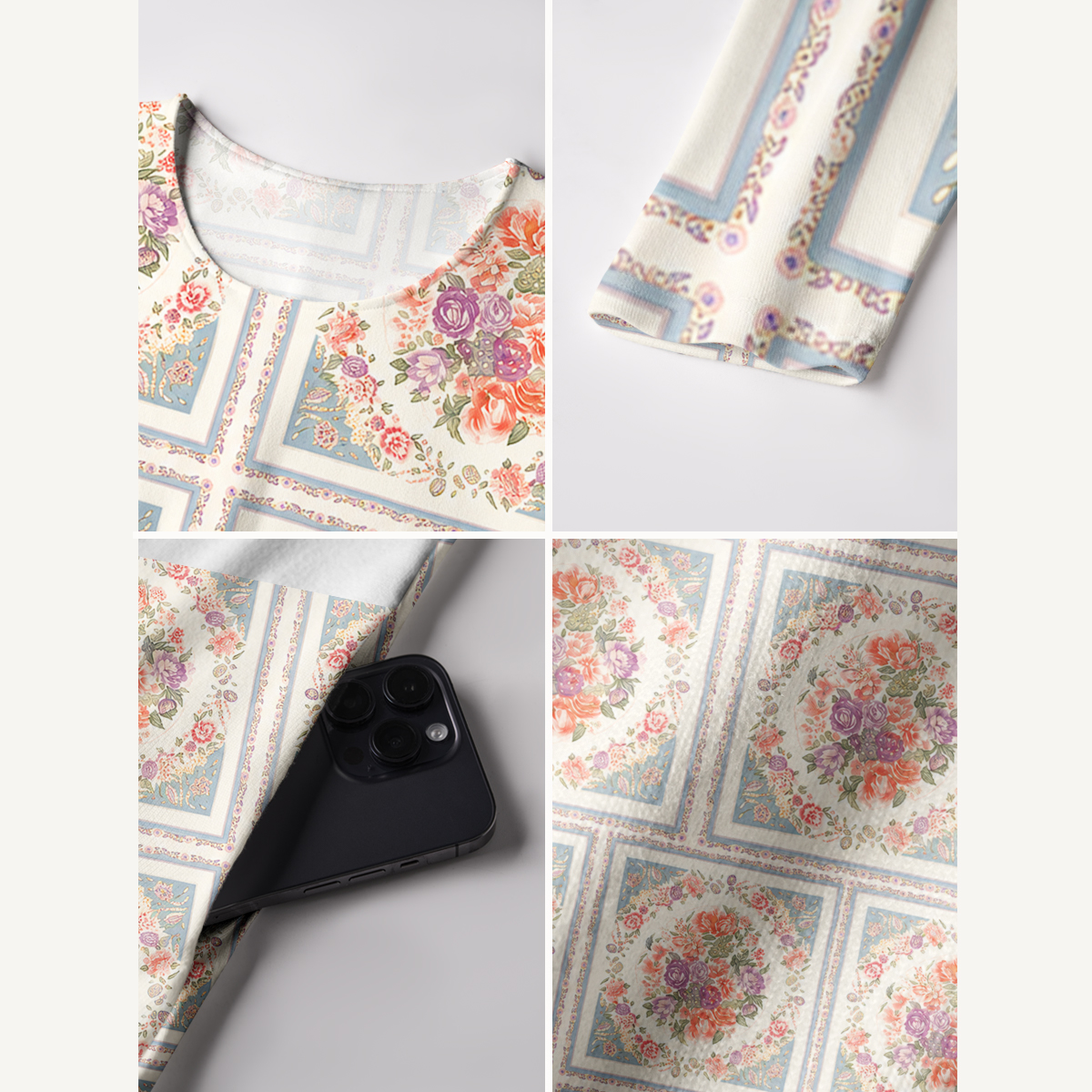 Floral Frame Tile Print Long Sleeve Maxi Dress with Pockets