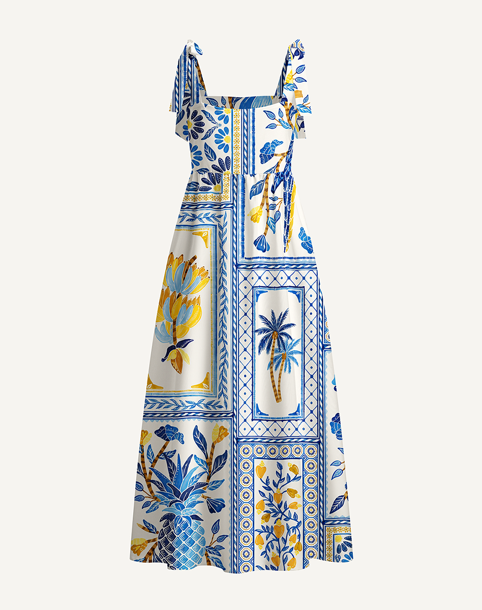 Blue Tropical Tile Bow Strap Maxi Dress