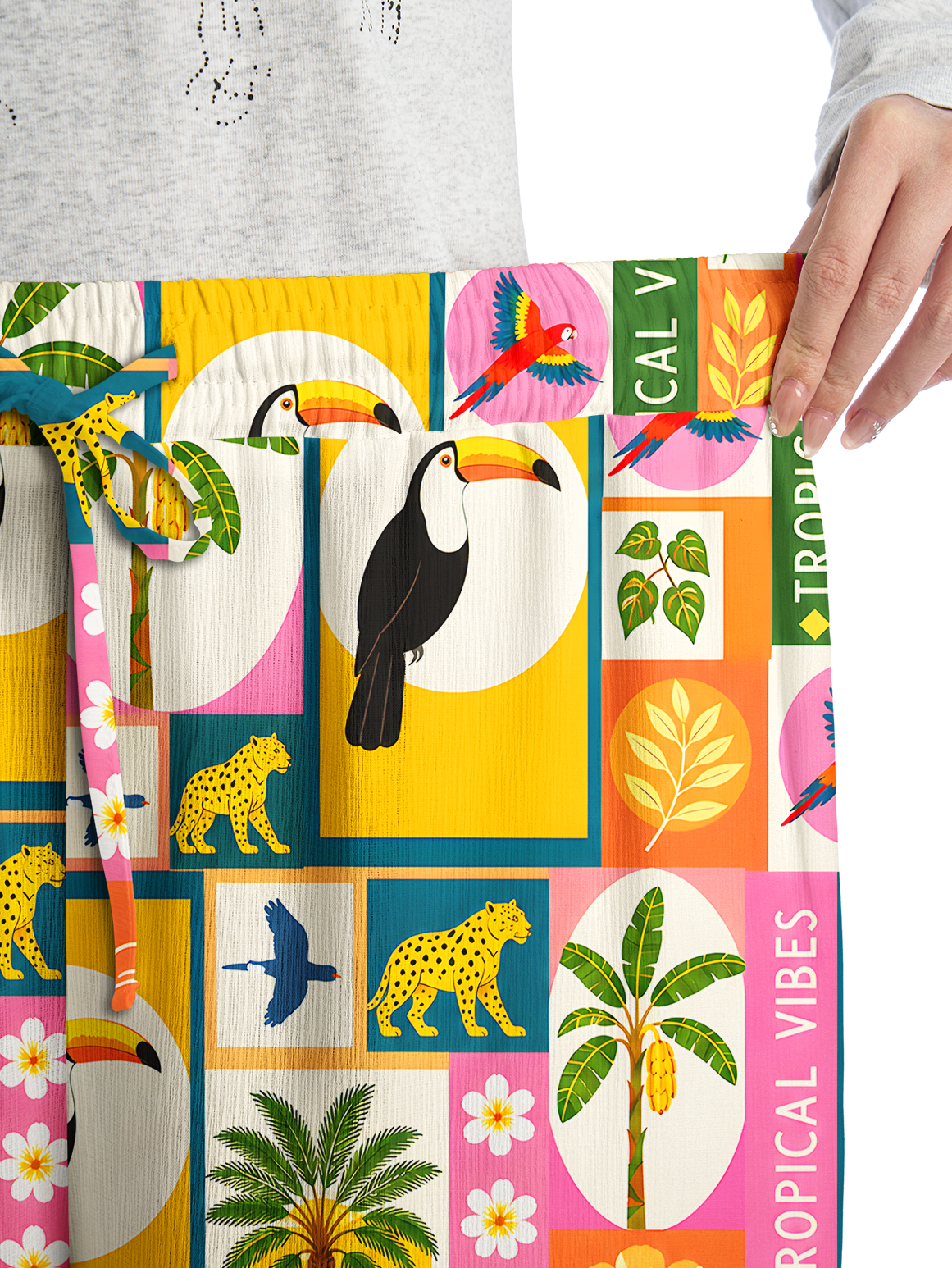 Tropical Patchwork Wide Leg Tie Waist Pants With Pockets
