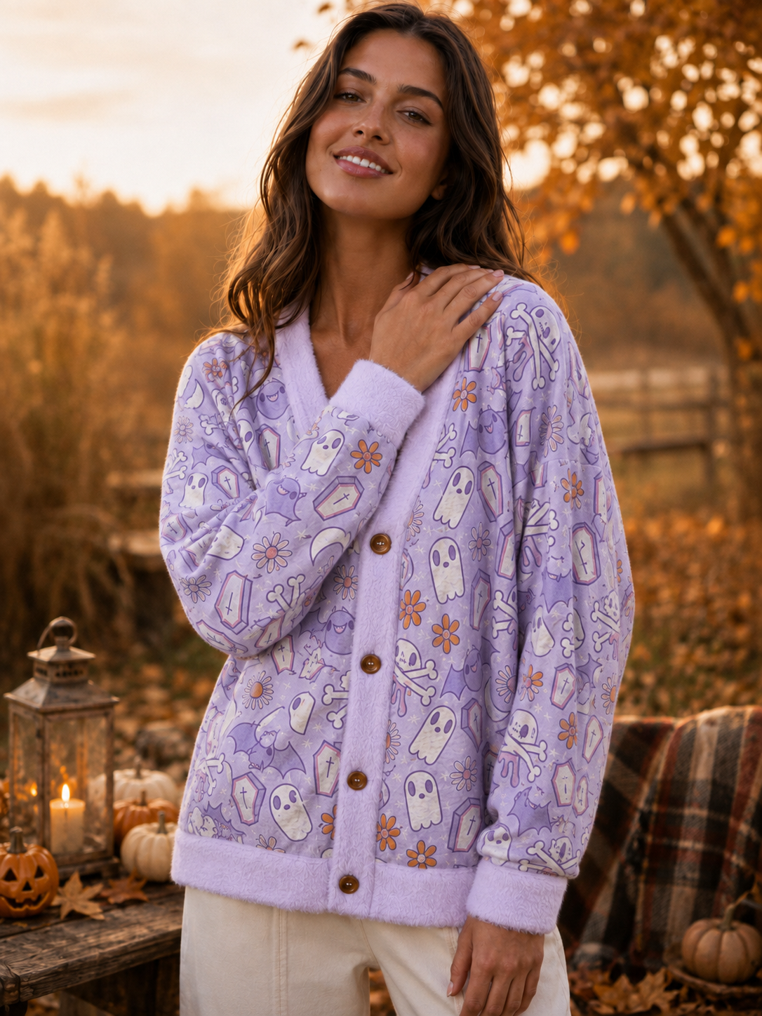 Lavender Ghost Garden Halloween Boho Ugly Cardigan Sweaters