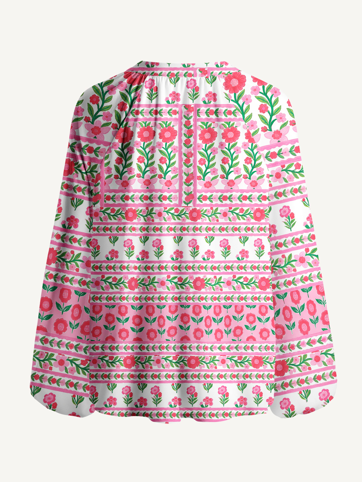 Rose Garden Stripe Floral Boho Long Sleeve Tie‑Neck Blouse