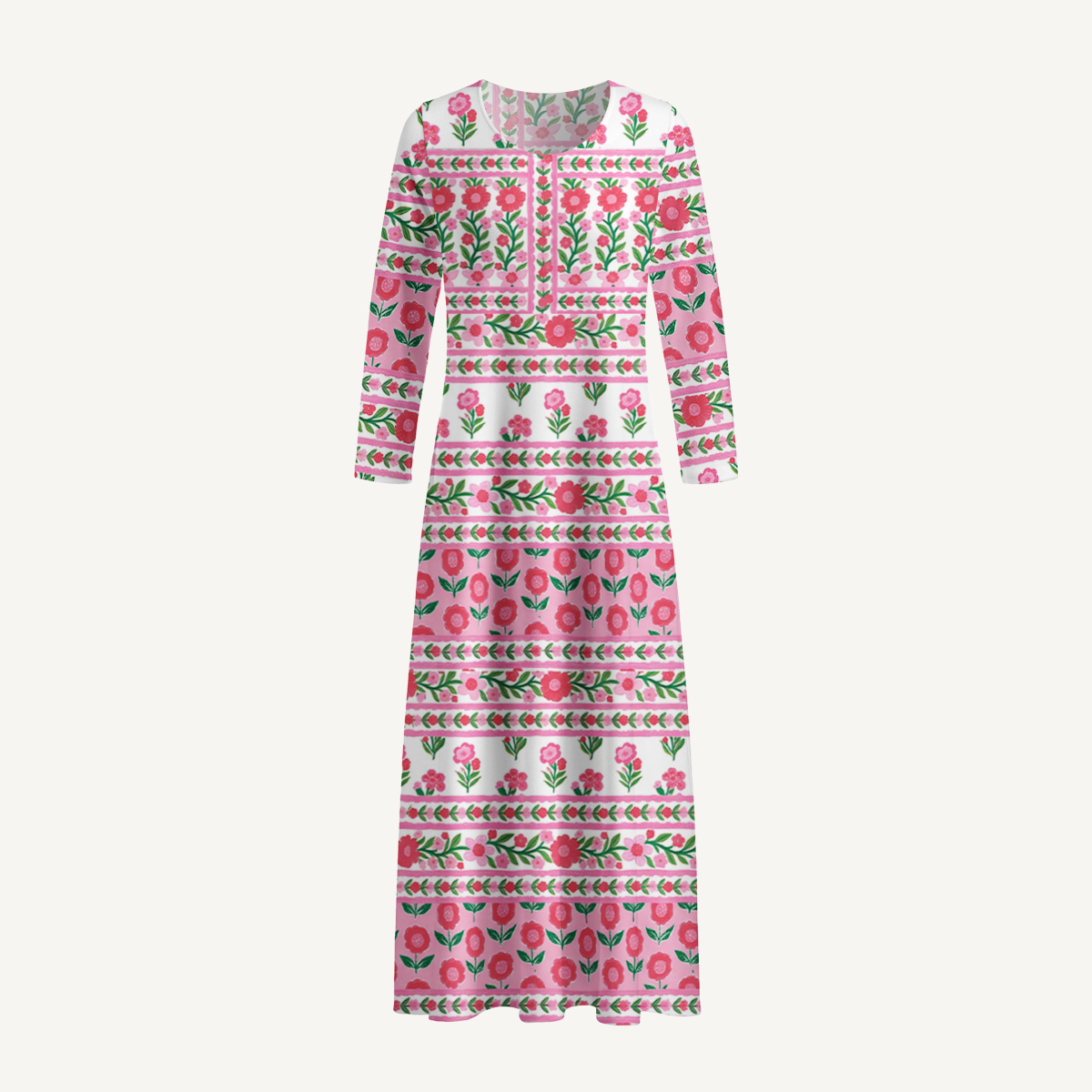 Rose Garden Stripe Floral Boho Long Sleeve Maxi Dress with Pockets