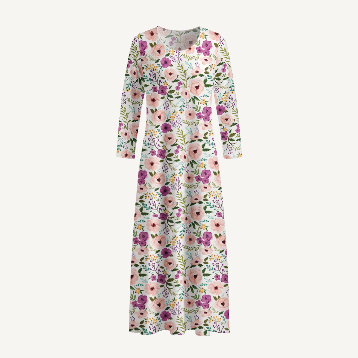 Pink and Purple Wildflower Print Soft-Touch Stretch Knit Long Sleeve Maxi Dress with Pockets