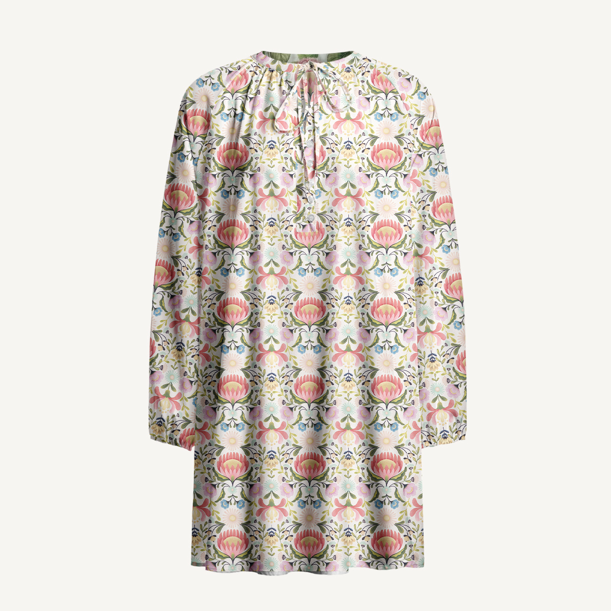 Pink Floral Lantern Motif Tie‑Neck Long Sleeve Mini Dress