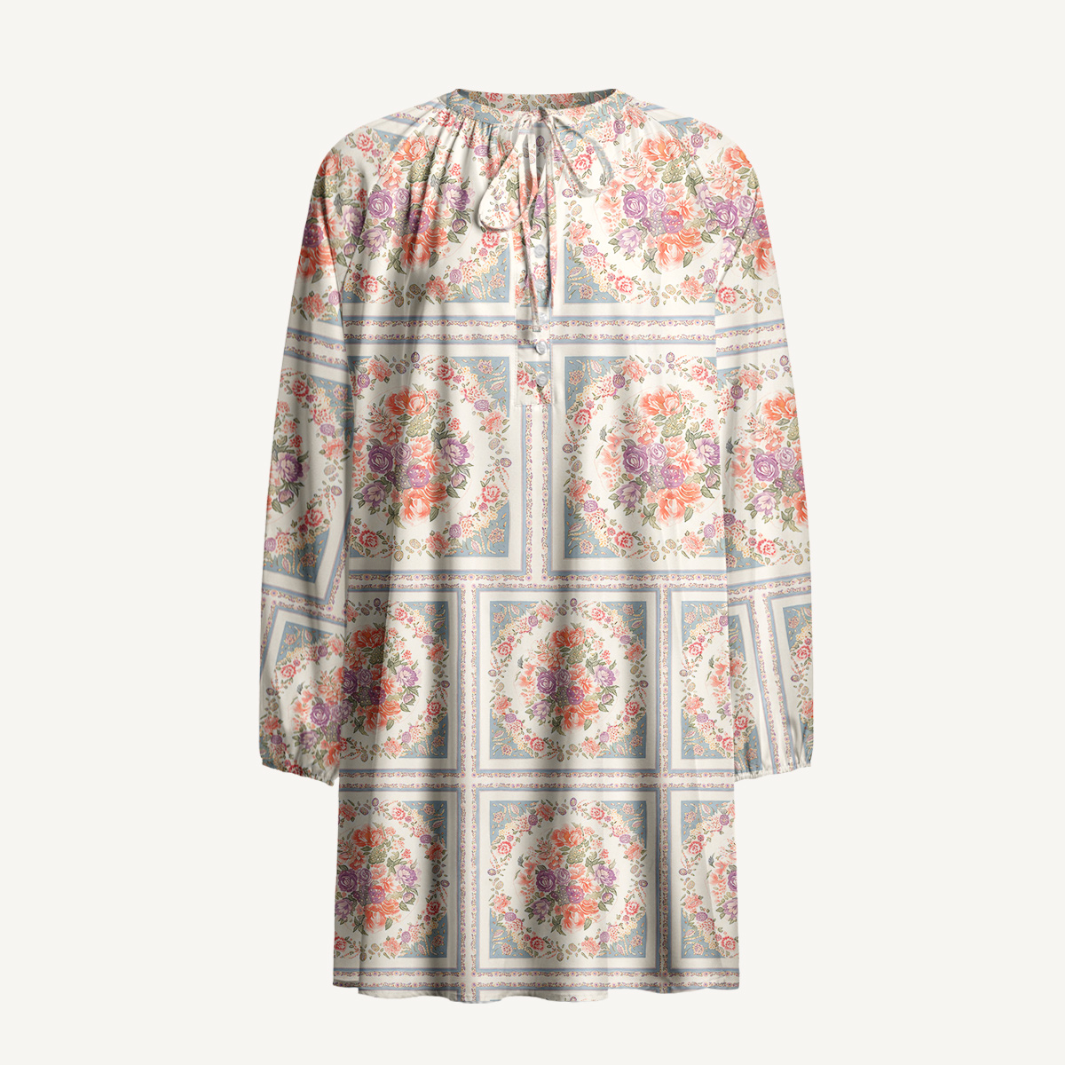 Floral Frame Tile Print Tie‑Neck Long Sleeve Mini Dress For Women