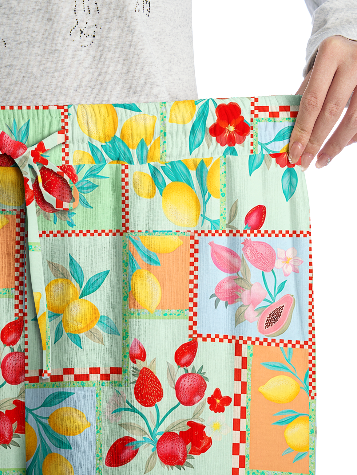 Fruit Party Vacation Wide Leg Tie Waist Pants With Pockets