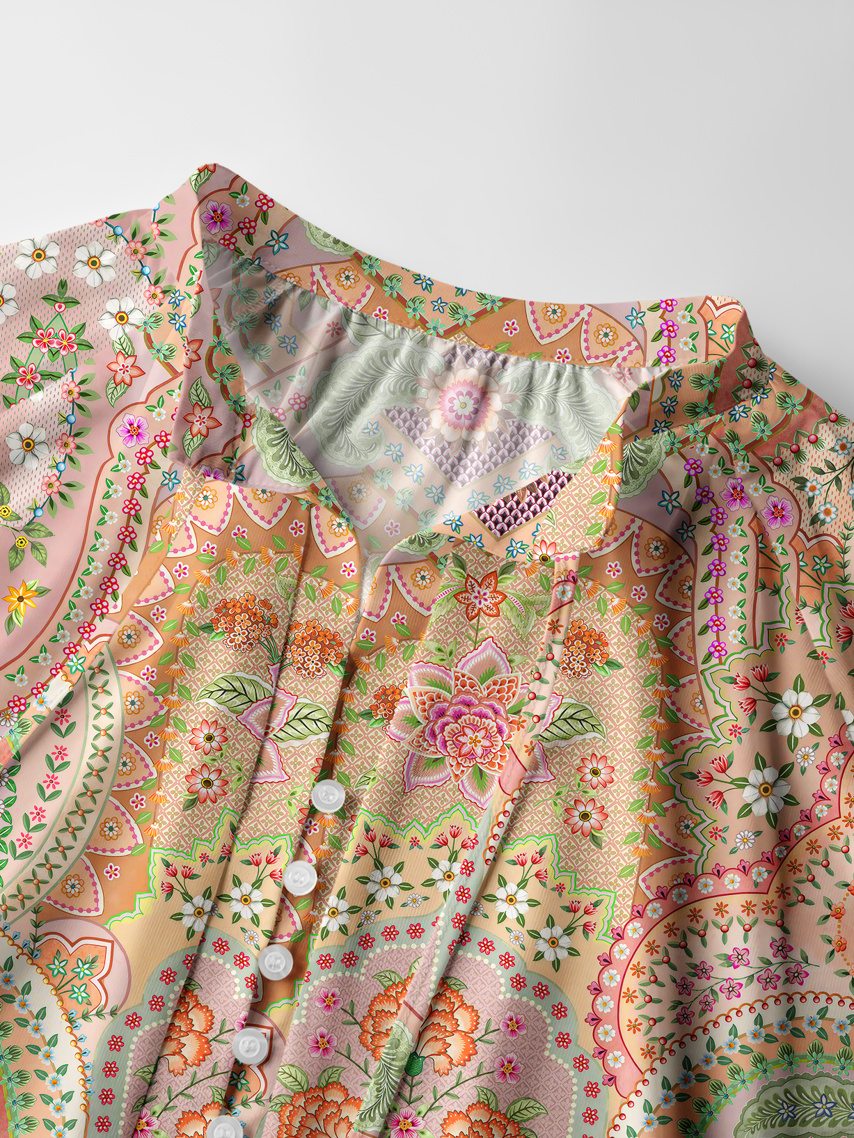 Patchwork Mandala Floral Print Boho Long Sleeve Tie‑Neck Blouse