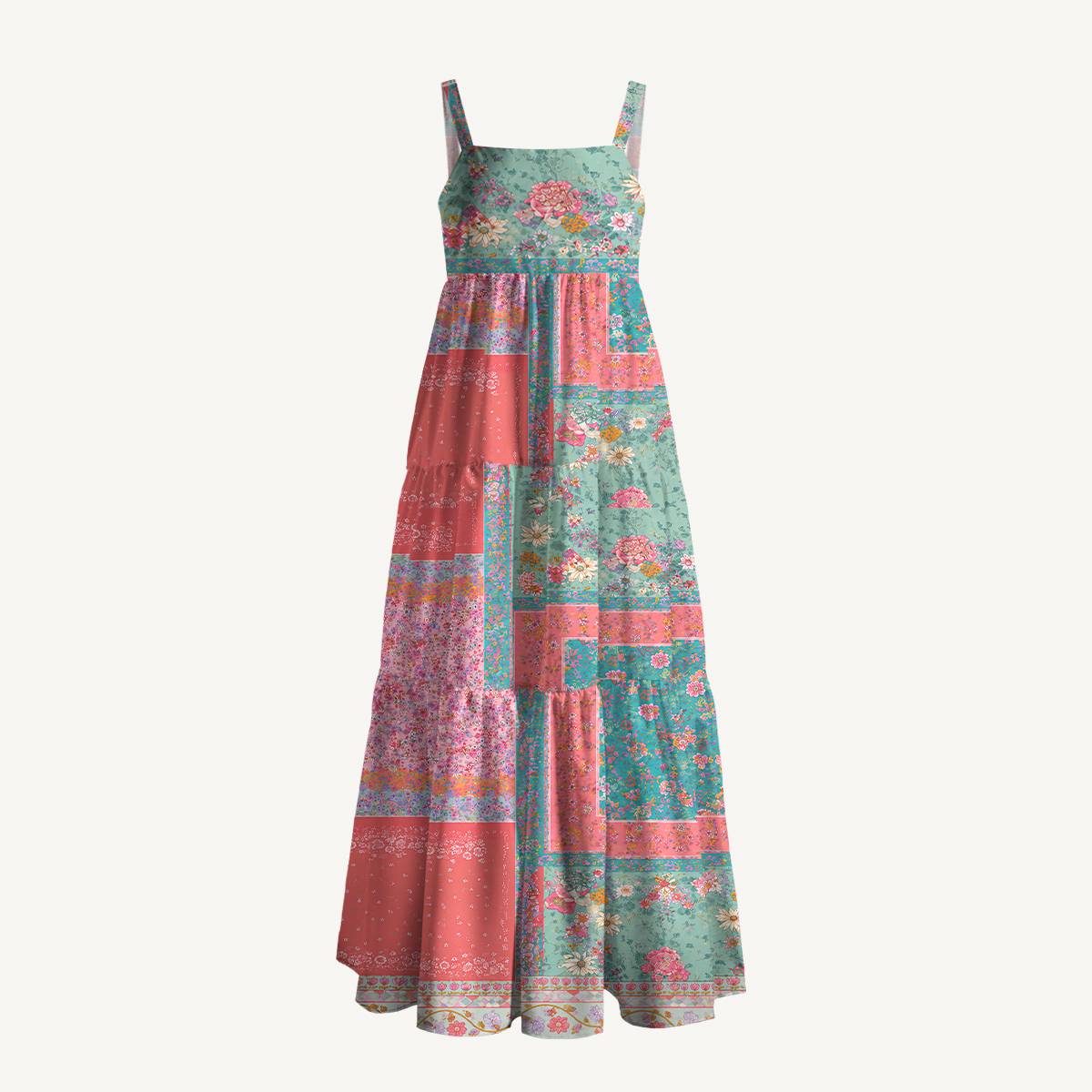 Coral Patchwork Garden Adjustable Strap Maxi Dress With Pockets