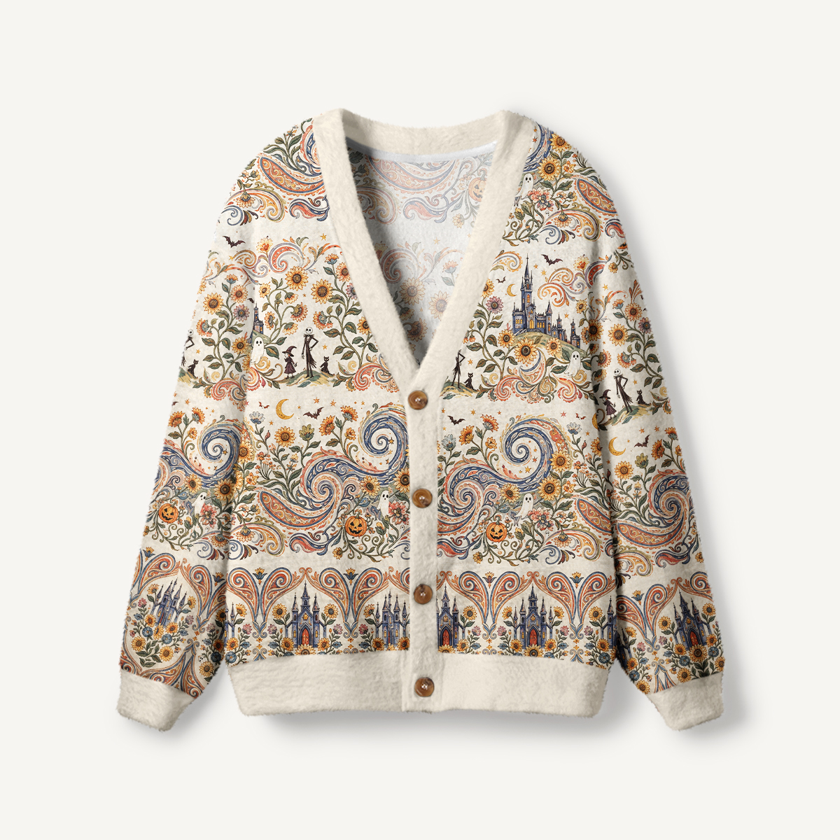 Boho Halloween Enchanted Castle Garden Pattern Buttons Women Cardigan Sweaters