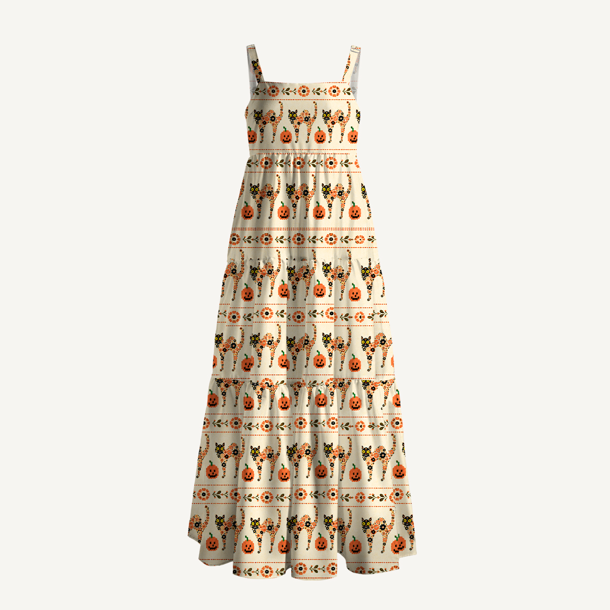 Halloween Cat & Pumpkin Boho Floral Strap Maxi Dress With Pockets