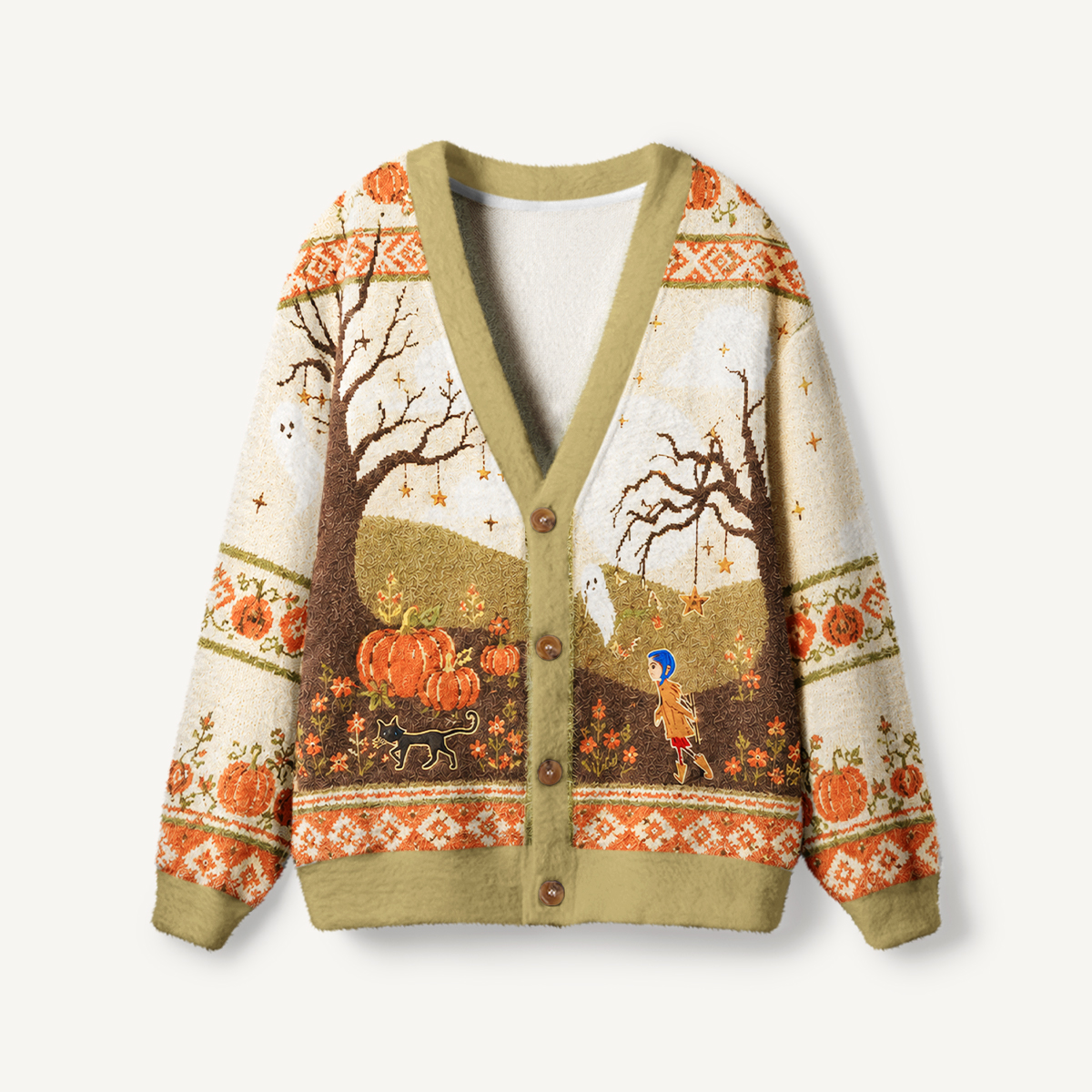 Halloween Forest Scene Pumpkin Buttons Women Cardigan Sweaters