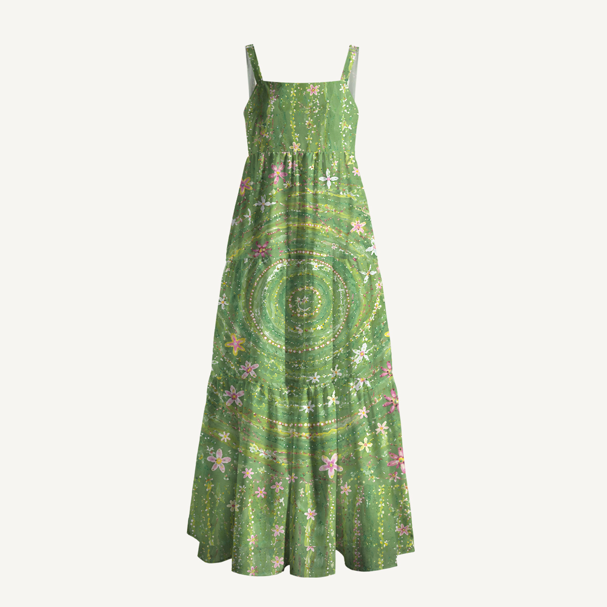 Green Swirl & Wildflower Print Artistic Strap Maxi Dress With Pockets