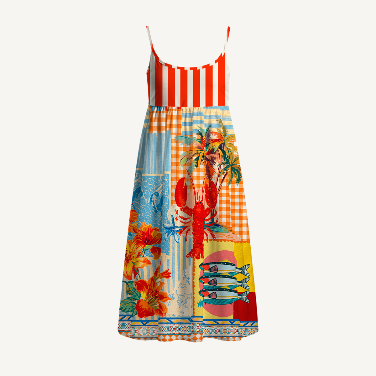 Tropical Lobster Patchwork Spaghetti Strap Mini Dress