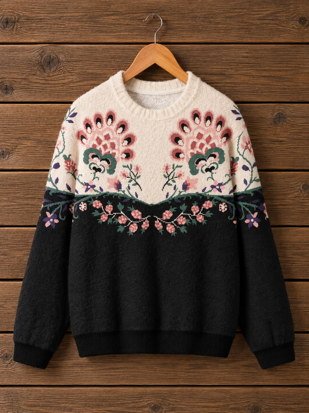 Romantic Floral Contrast Crewneck Sweater